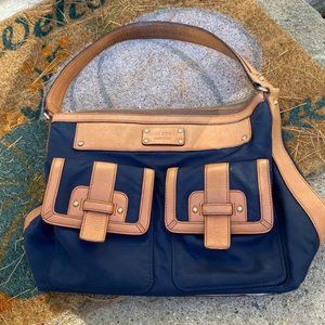 Kate Spade navy nylon and cognac leather shoulder bag.
